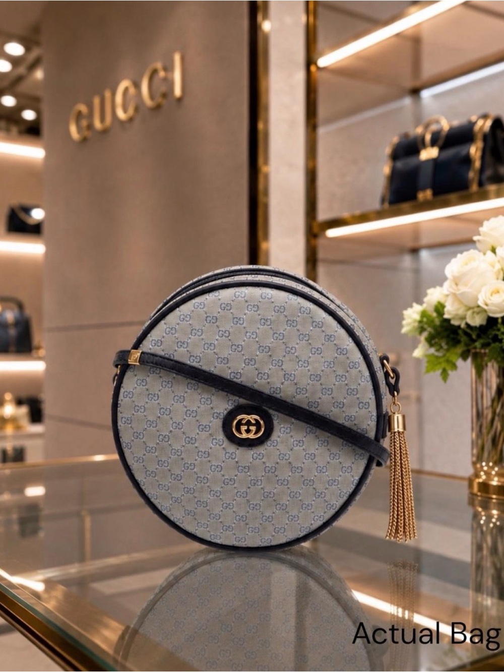 Authentic Vintage Gucci Blue GG Supreme Round Crossbody Bag. She’s Not Square.
